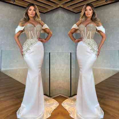 Beautiful White Off-The-Shoulder Appliques Long Mermaid Prom Dress