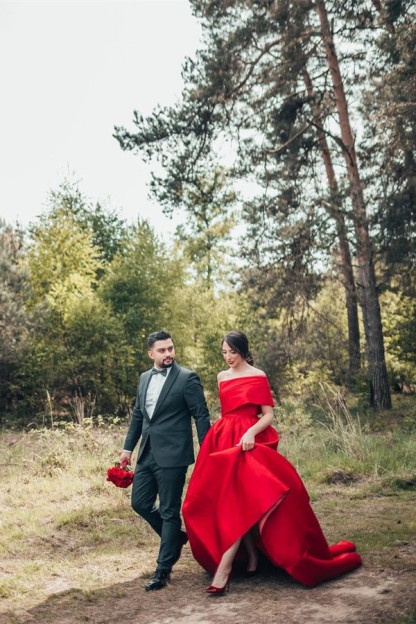 Charming Red Long A-Line One Shoulder Satin Wedding Dress with Ruffles - YESBABYONLINE