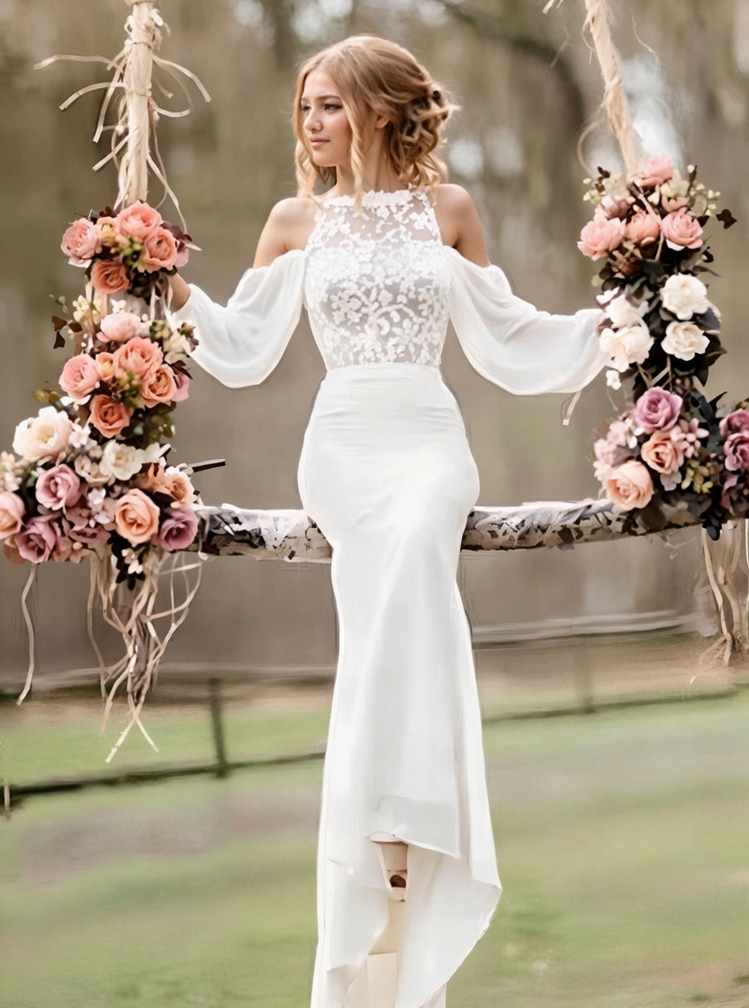 Long Off the Shoulder Chiffon Lace Mermaid Wedding Dresses with Sleeves
