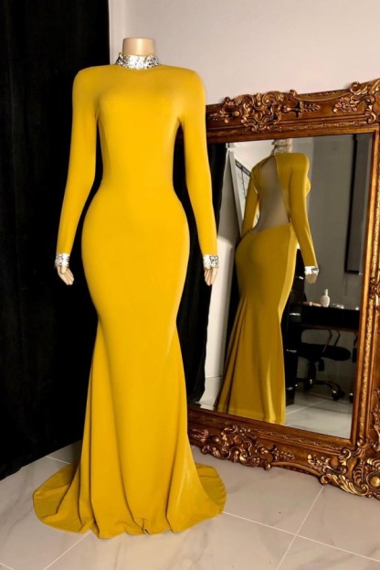 Gorgeous Yellow Long Mermaid High Neck Open Back Prom Dresses with Sleeves - YESBABYONLINE