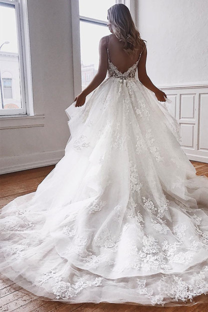 Long A-line Sweetheart Spaghetti Straps Lace Appliques Backless Wedding Dresses - YESBABYONLINE
