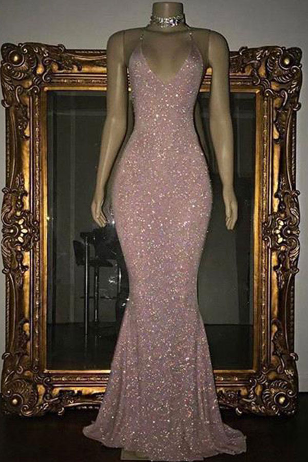 Long Mermaid V-Neck Sleeveless Sequins Formal Prom Dresses - YESBABYONLINE