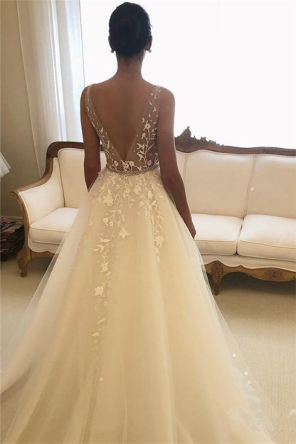 Long A-line V-neck Tulle Applique Lace Backless Wedding Dresses - YESBABYONLINE