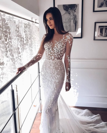 Sparkly Long Sleeve Mermaid Applique Lace Sweetheart Floor Length Tulle Wedding Dresses - YESBABYONLINE