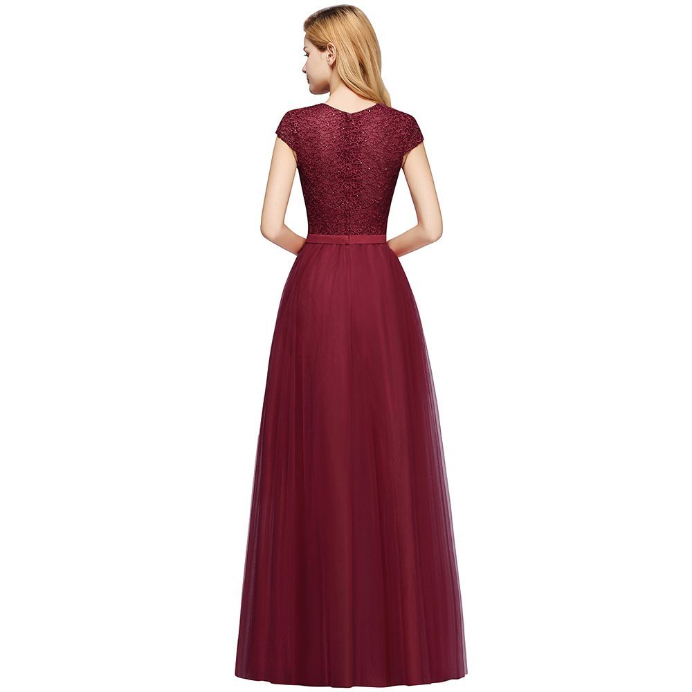 Long A-line Tulle Lace Bridesmaid Dress with Cap Sleeves - YESBABYONLINE