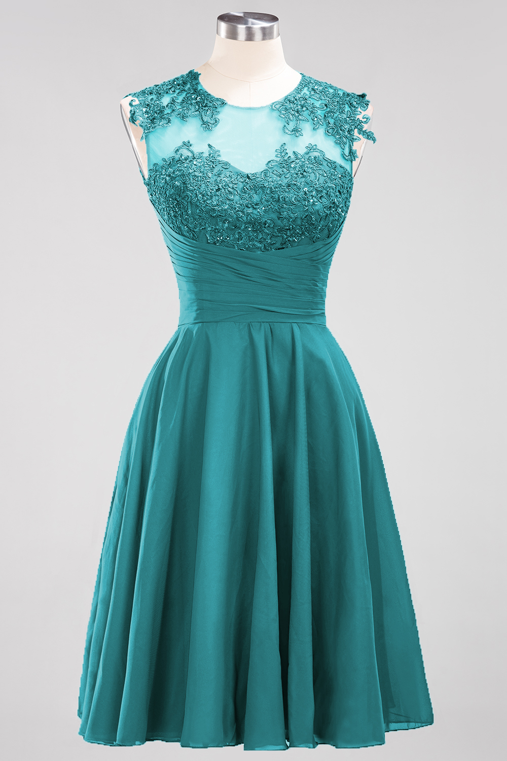Short A-line Appliques Lace Sleeveless Knee-Length Bridesmaid Dresses with Ruffles - YESBABYONLINE
