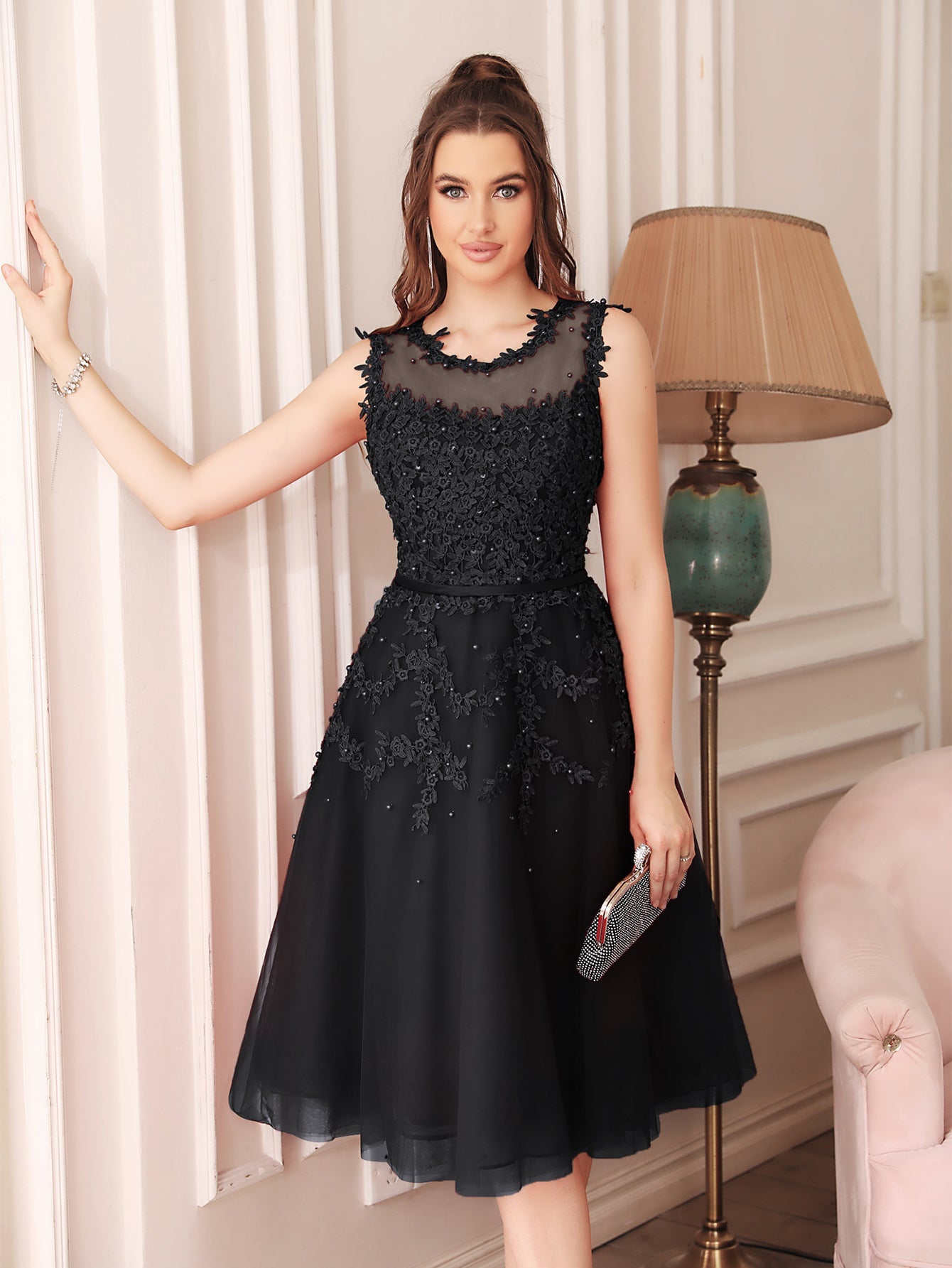 Short A Line Sleeveless Crew Neck Tulle Lace Formal Dress - YESBABYONLINE