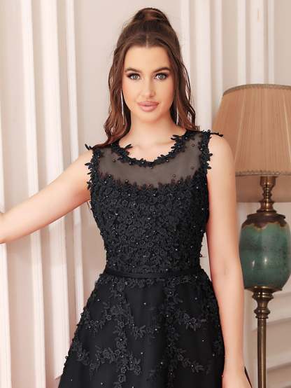 Short A Line Sleeveless Crew Neck Tulle Lace Formal Dress - YESBABYONLINE