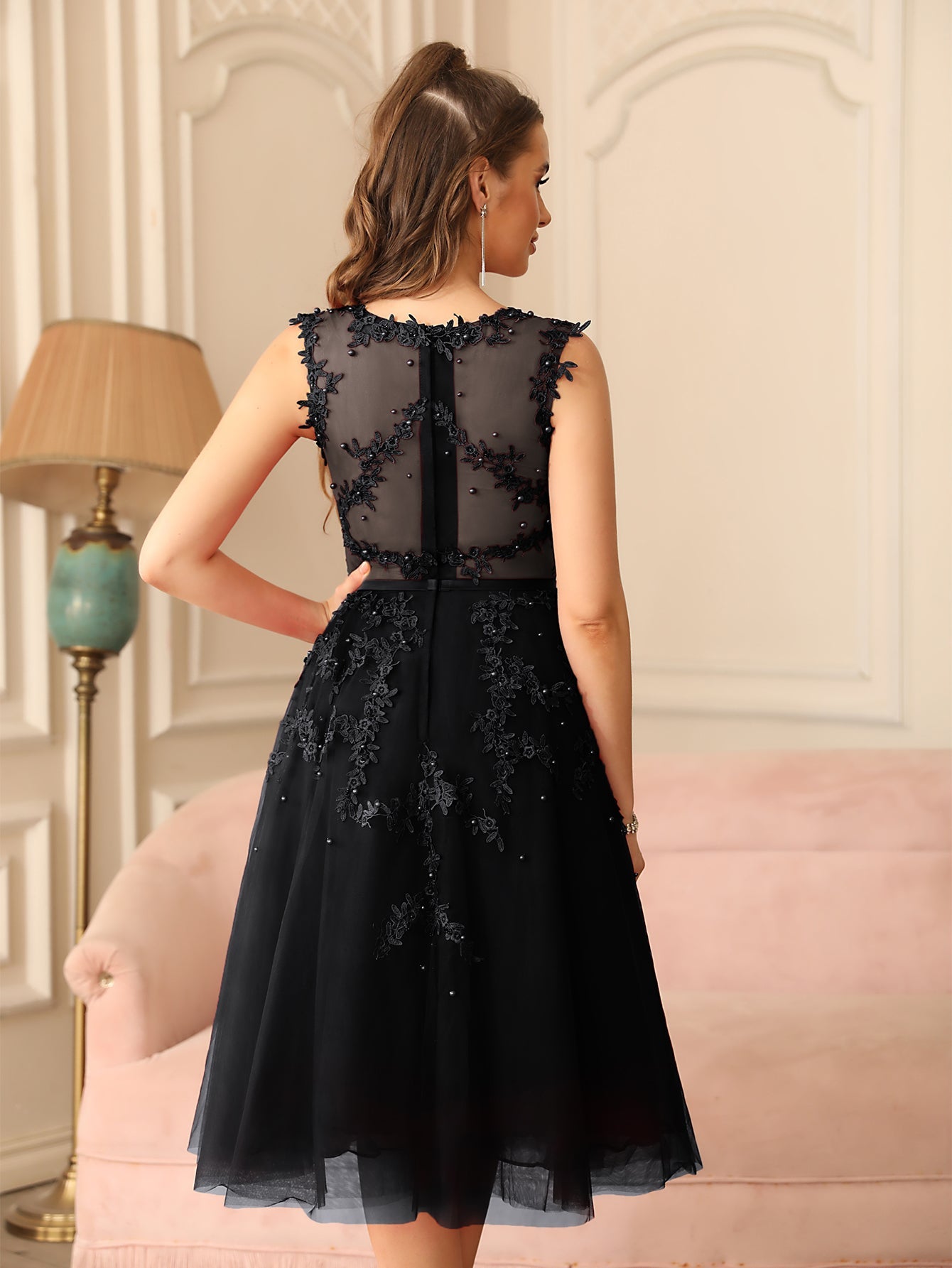 Short A Line Sleeveless Crew Neck Tulle Lace Formal Dress - YESBABYONLINE