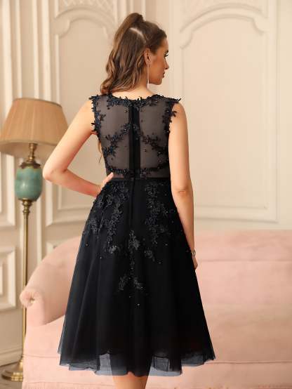 Short A Line Sleeveless Crew Neck Tulle Lace Formal Dress - YESBABYONLINE
