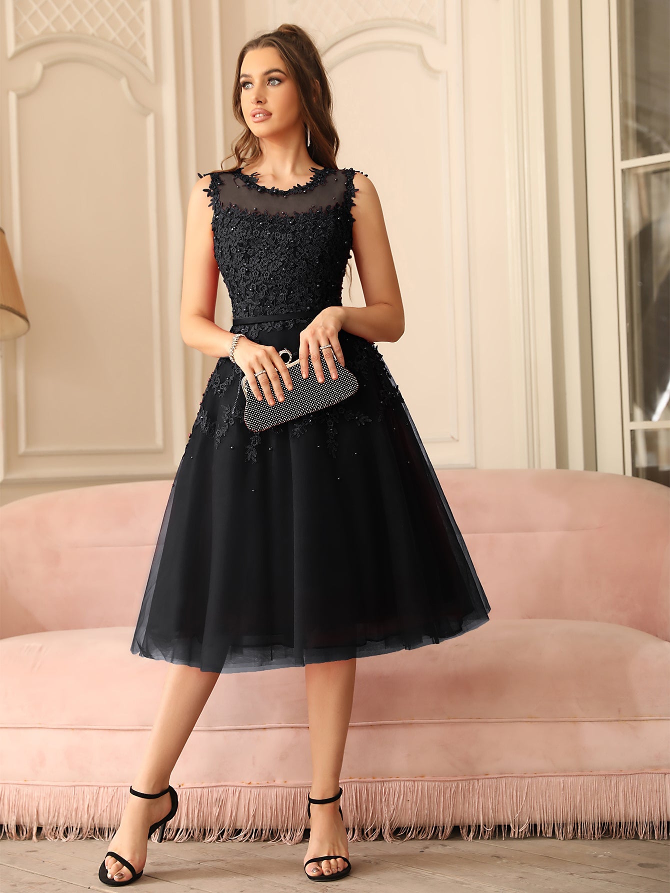 Short A Line Sleeveless Crew Neck Tulle Lace Formal Dress - YESBABYONLINE