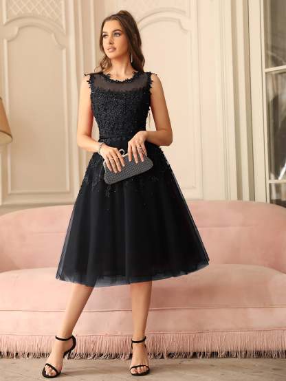 Short A Line Sleeveless Crew Neck Tulle Lace Formal Dress - YESBABYONLINE