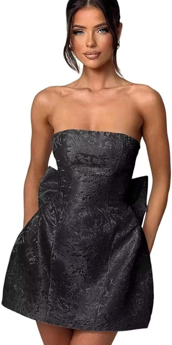 Strapless Short Ball Gown Sleeveless Lace up Jacquard Satin Homecoming Dress with Bow - YESBABYONLINE