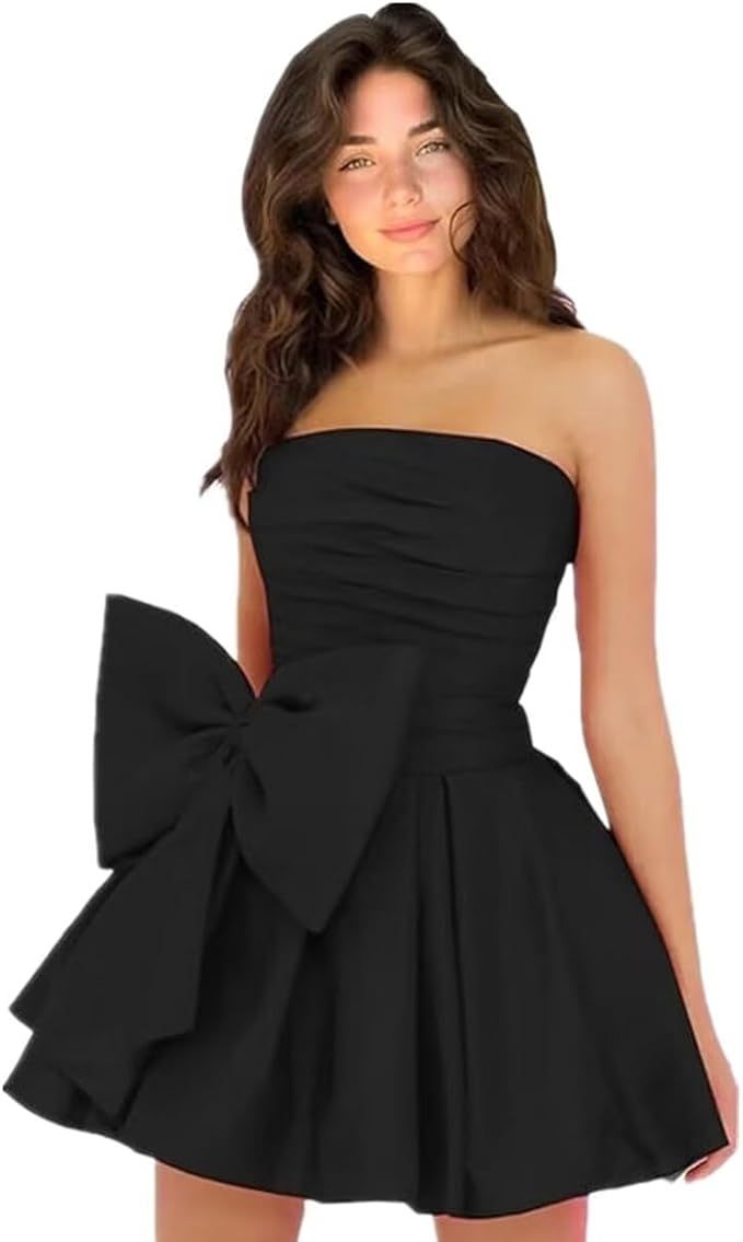 Chic Short A-line Sleeveless Strapless Ruched Lace Up Homecoming Dresses with Bow - YESBABYONLINE