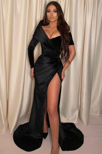 Black Off-The-Shoulder Long Sleeve Mermaid Prom Dress with Split