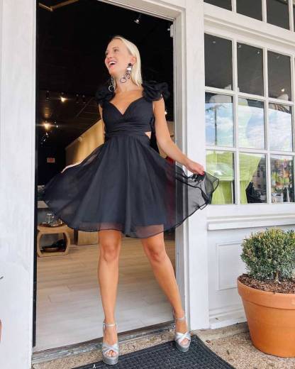 V-Neck Sky Blue Pleated A-Line Party Dress