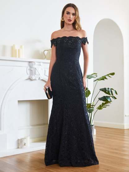 Long Mermaid Off the Shoulder Lace Floor Length Evening Dresses - YESBABYONLINE
