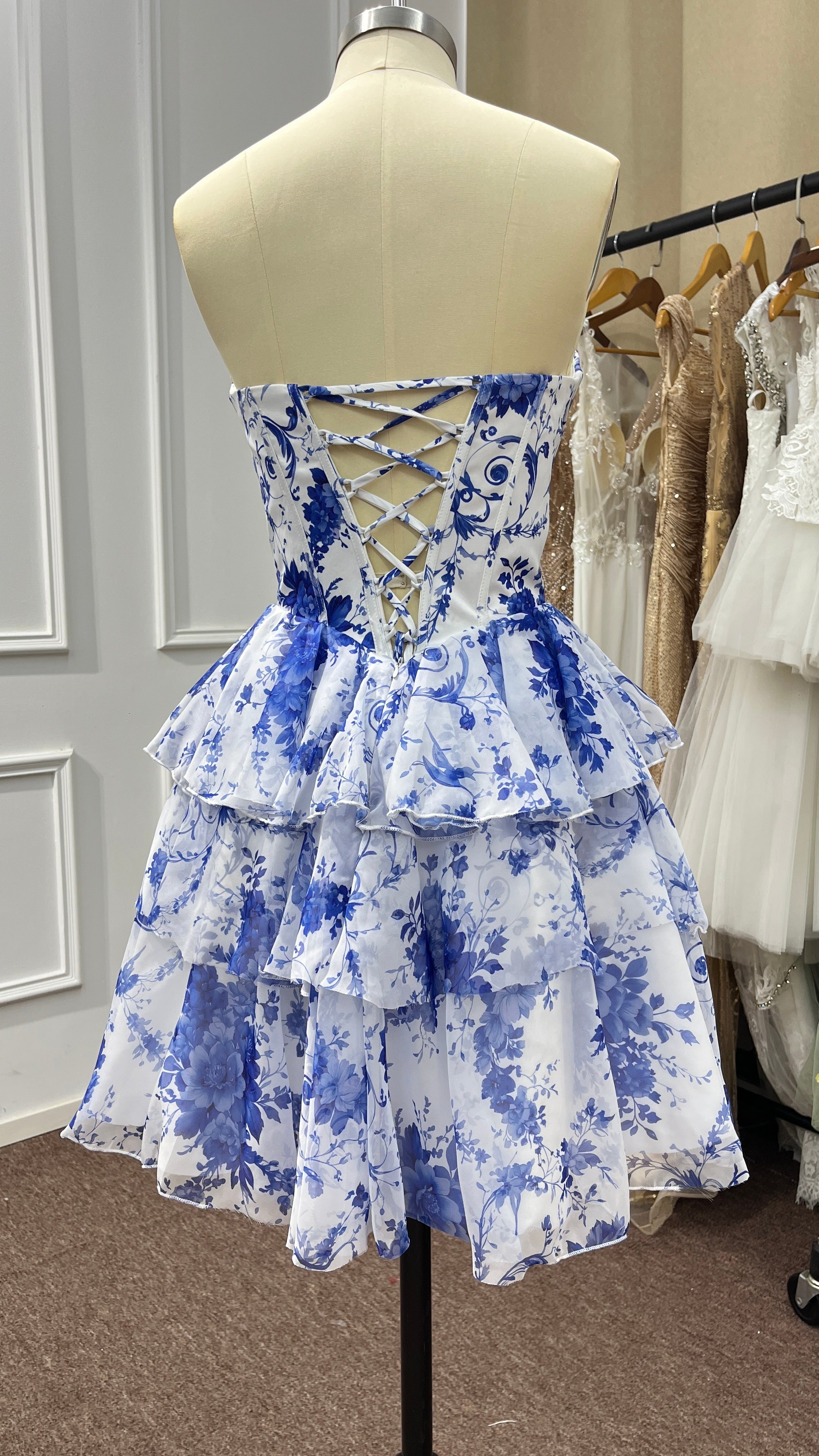 Yesbabyonline Blue Strapless Corset Short Floral Homecoming Dresses