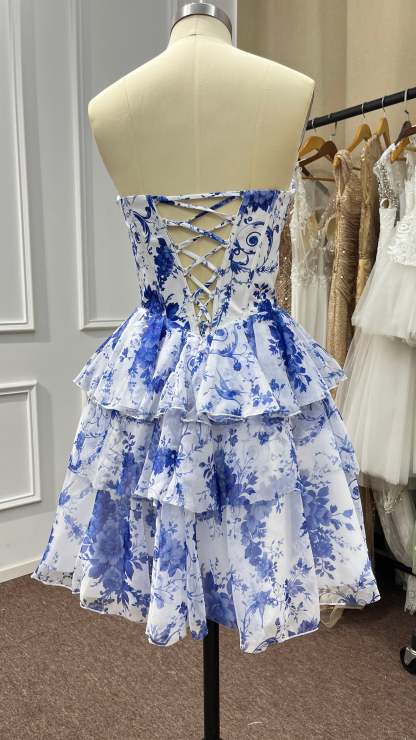 Yesbabyonline Blue Strapless Corset Short Floral Homecoming Dresses