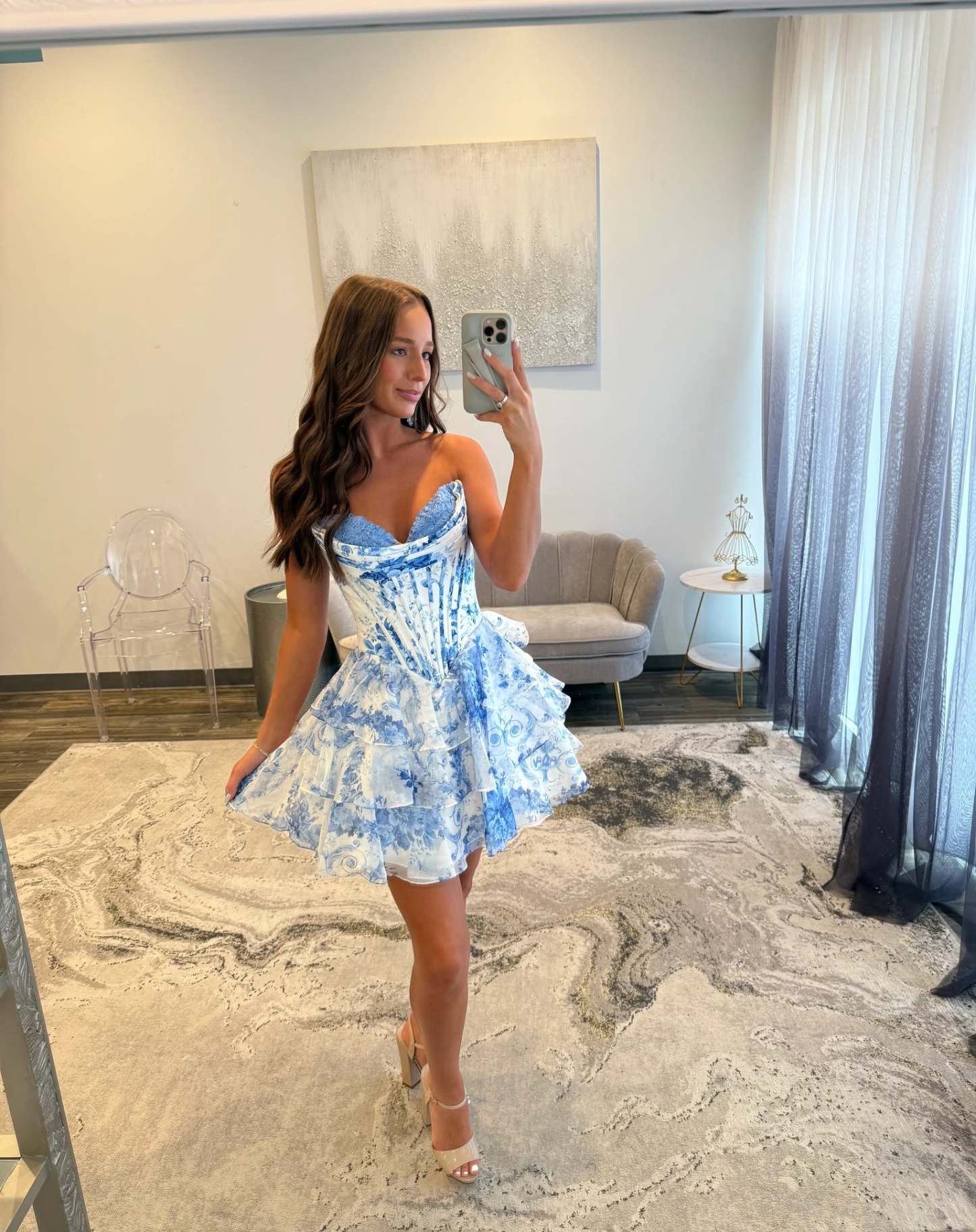 Yesbabyonline Blue Strapless Corset Short Floral Homecoming Dresses