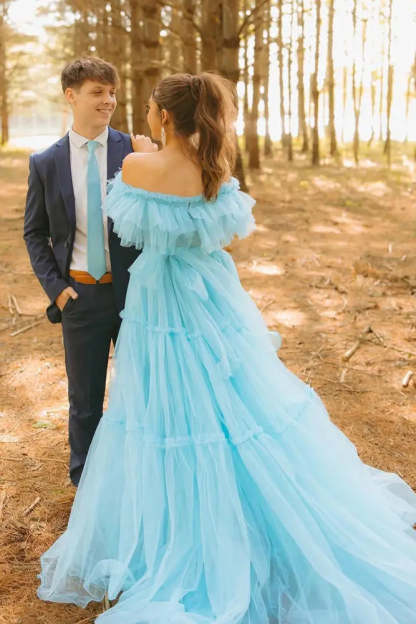 Blue Tiered Tulle A-Line Prom Dress with Off Shoulder