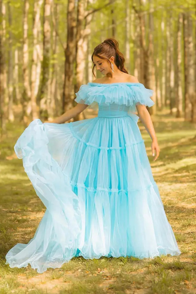 Blue Tiered Tulle A-Line Prom Dress with Off Shoulder