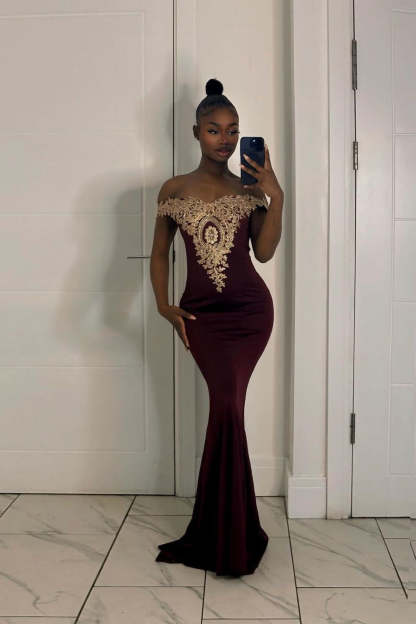 Long Off-the-Shoulder Floor Length Mermaid Evening Dress with Gold Appliques - YESBABYONLINE
