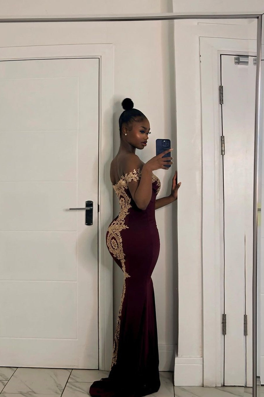 Long Off-the-Shoulder Floor Length Mermaid Evening Dress with Gold Appliques - YESBABYONLINE