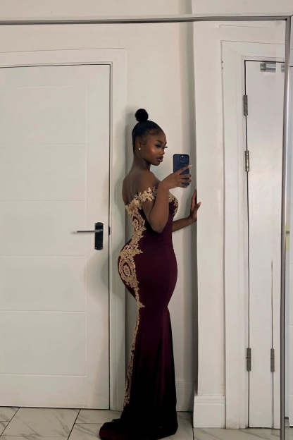 Long Off-the-Shoulder Floor Length Mermaid Evening Dress with Gold Appliques - YESBABYONLINE