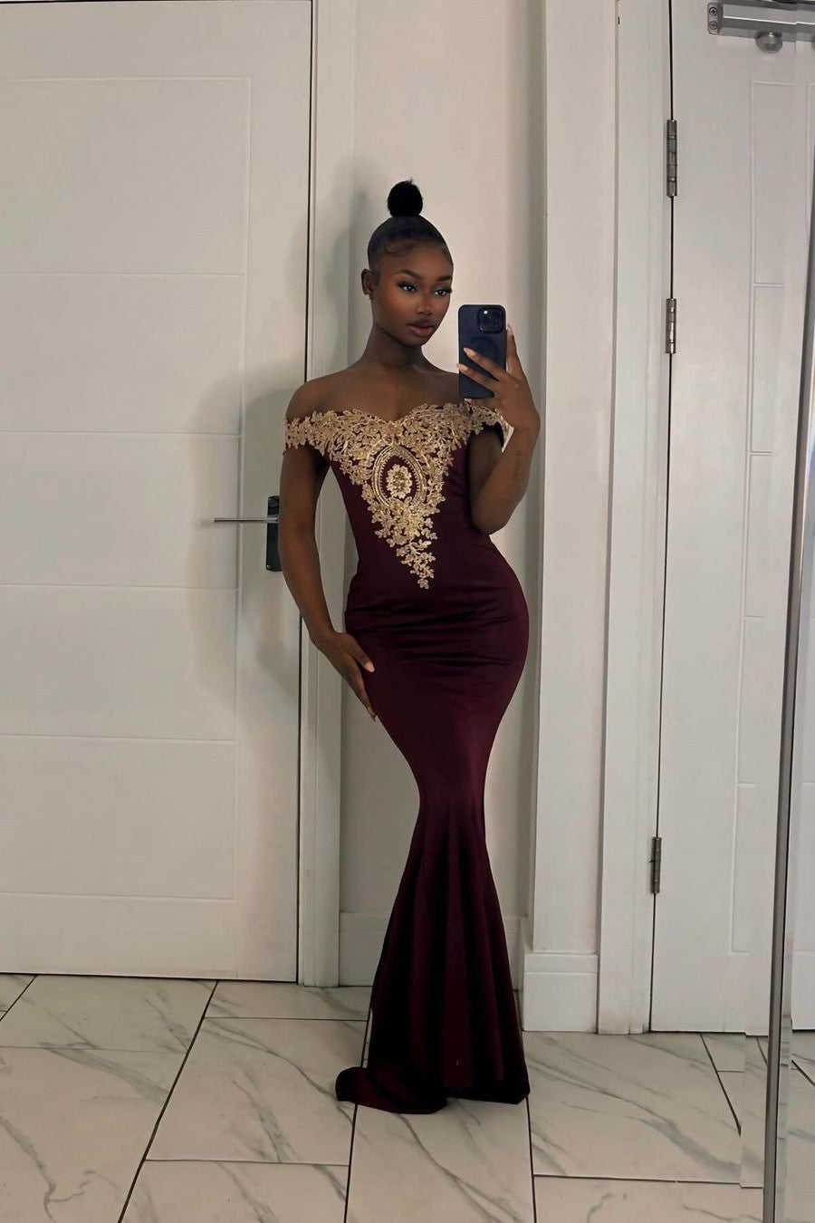 Long Off-the-Shoulder Floor Length Mermaid Evening Dress with Gold Appliques - YESBABYONLINE