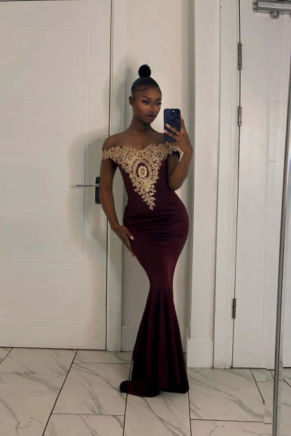 Long Off-the-Shoulder Floor Length Mermaid Evening Dress with Gold Appliques - YESBABYONLINE