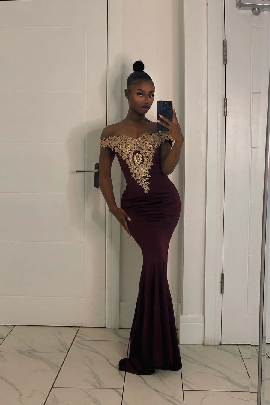 Long Off-the-Shoulder Floor Length Mermaid Evening Dress with Gold Appliques - YESBABYONLINE