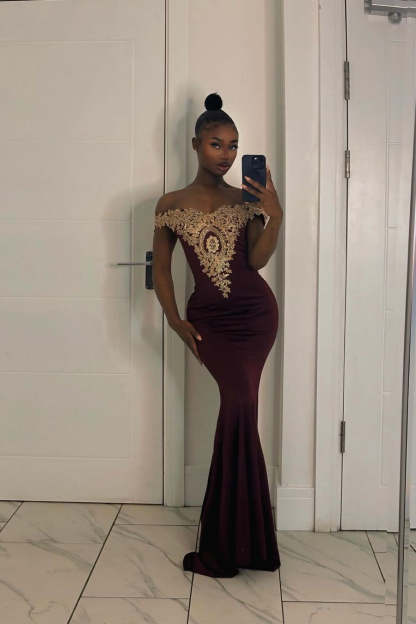 Long Off-the-Shoulder Floor Length Mermaid Evening Dress with Gold Appliques - YESBABYONLINE