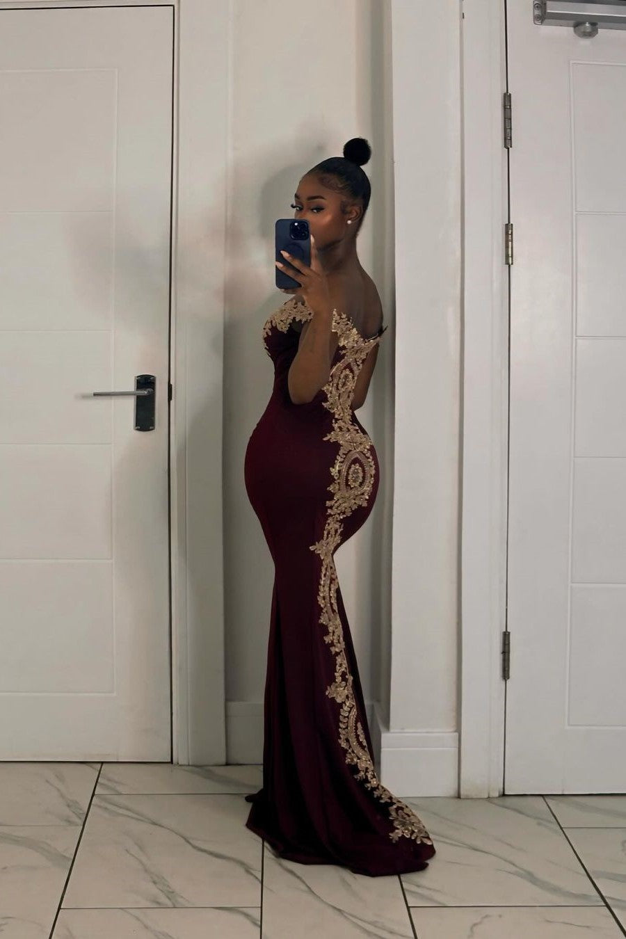 Long Off-the-Shoulder Floor Length Mermaid Evening Dress with Gold Appliques - YESBABYONLINE