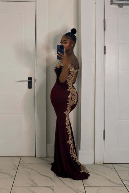 Long Off-the-Shoulder Floor Length Mermaid Evening Dress with Gold Appliques - YESBABYONLINE