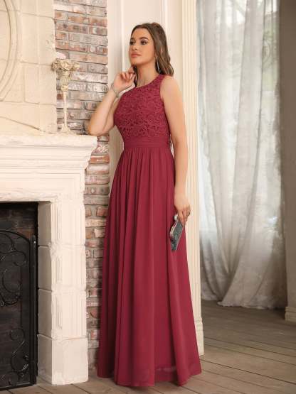 Long A line Crew Neck Floor Length Floral Lace Chiffon Wedding Guest Dress - YESBABYONLINE