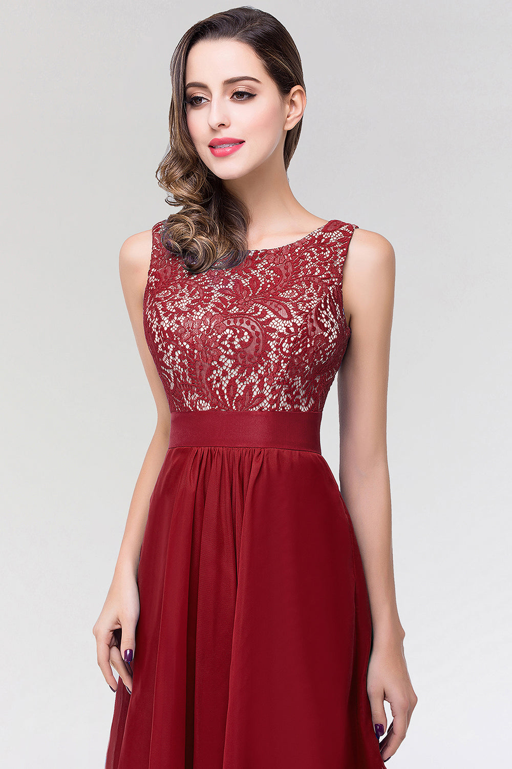 Long Scoop Neck Off The Shoulder Chiffon Formal Dress with Appliques Lace - YESBABYONLINE