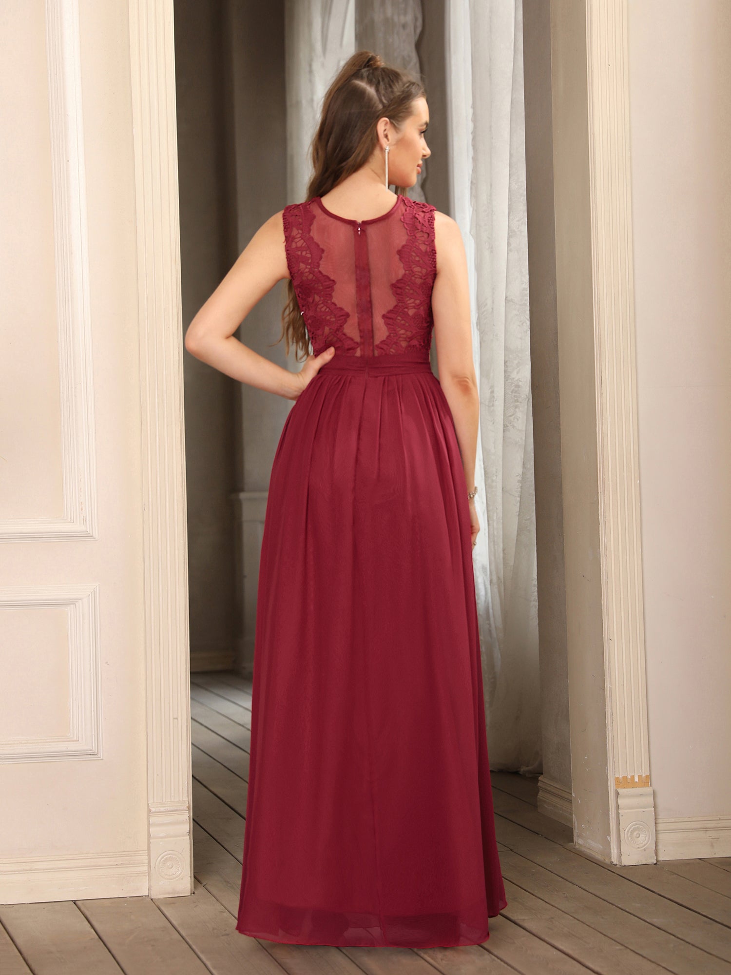 Long A line Crew Neck Floor Length Floral Lace Chiffon Wedding Guest Dress - YESBABYONLINE