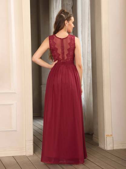 Long A line Crew Neck Floor Length Floral Lace Chiffon Wedding Guest Dress - YESBABYONLINE