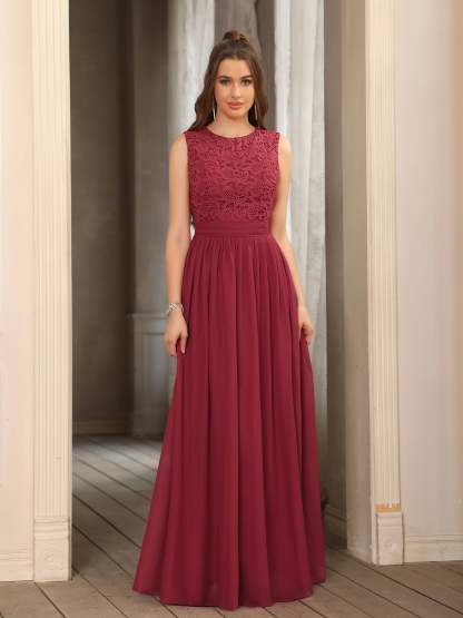 Long A line Crew Neck Floor Length Floral Lace Chiffon Wedding Guest Dress - YESBABYONLINE
