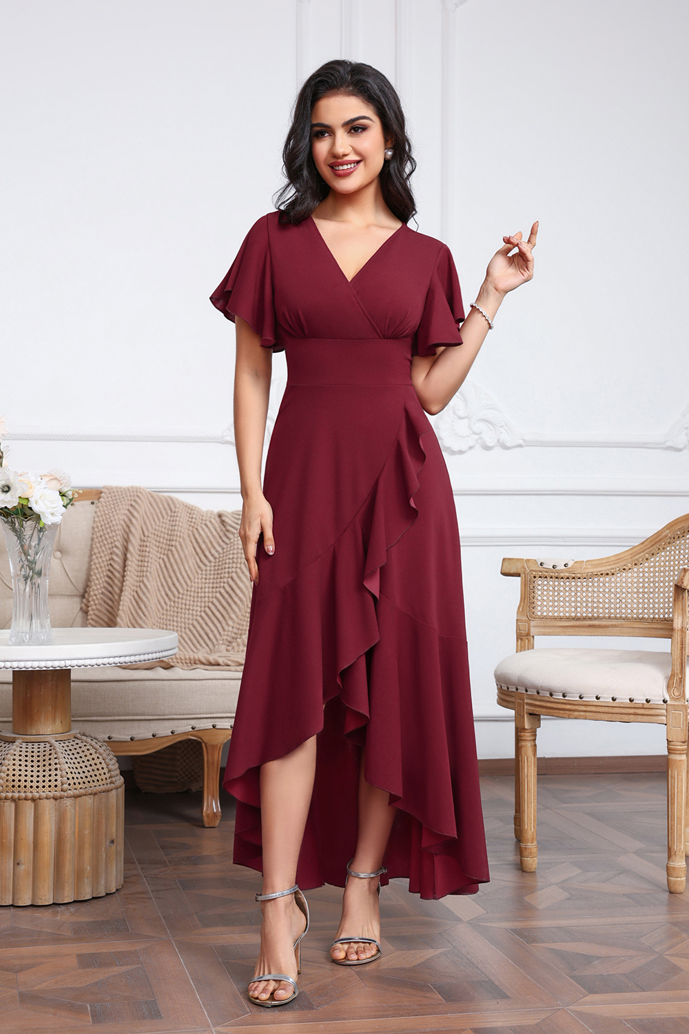 High Low A-line V-neck Chiffon Burgundy Wedding Guest Dresses