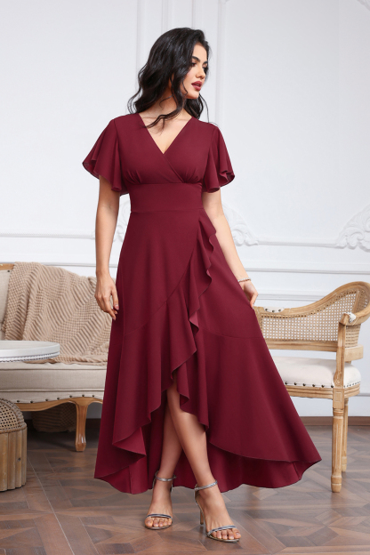 High Low A-line V-neck Chiffon Burgundy Wedding Guest Dresses