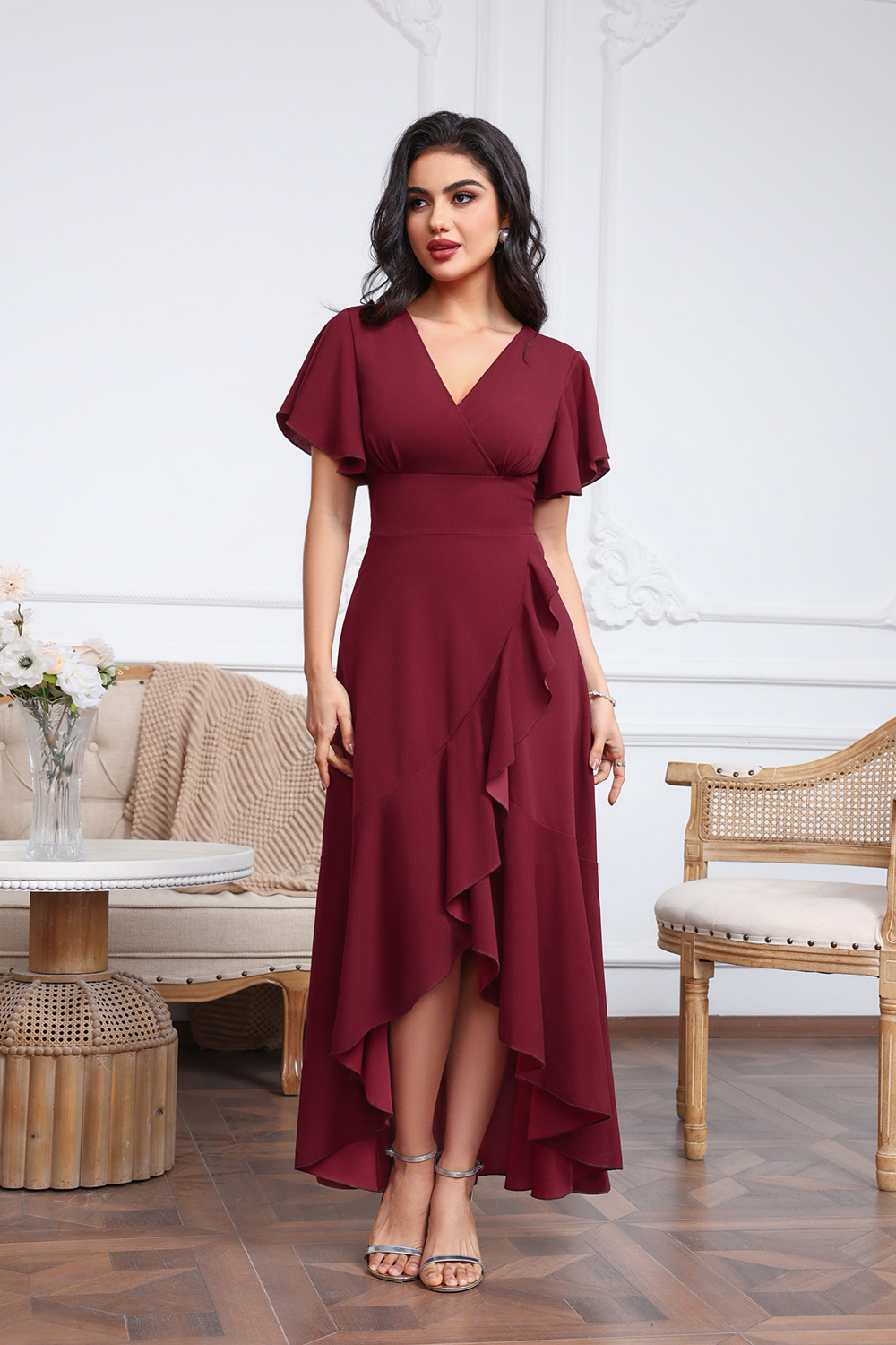 High Low A-line V-neck Chiffon Burgundy Wedding Guest Dresses