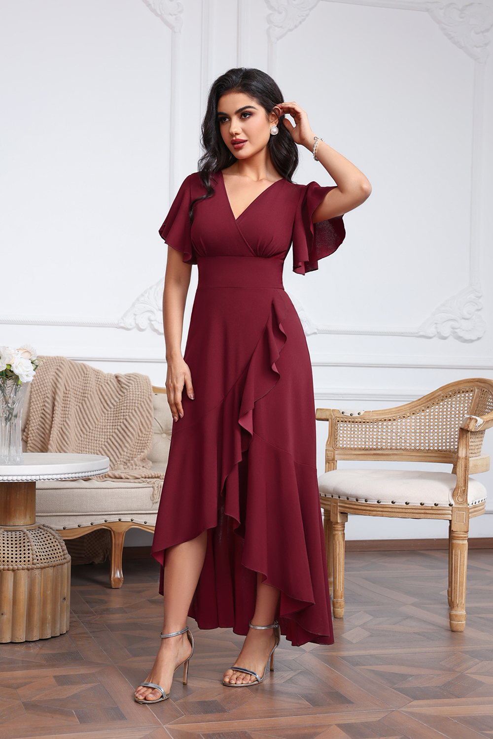High Low A-line V-neck Chiffon Burgundy Wedding Guest Dresses