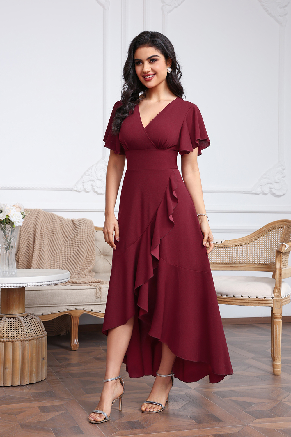 High Low A-line V-neck Chiffon Burgundy Wedding Guest Dresses