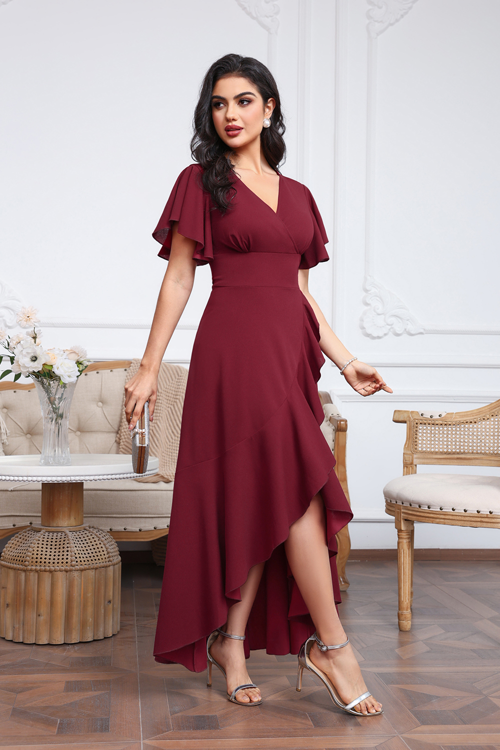 High Low A-line V-neck Chiffon Burgundy Wedding Guest Dresses