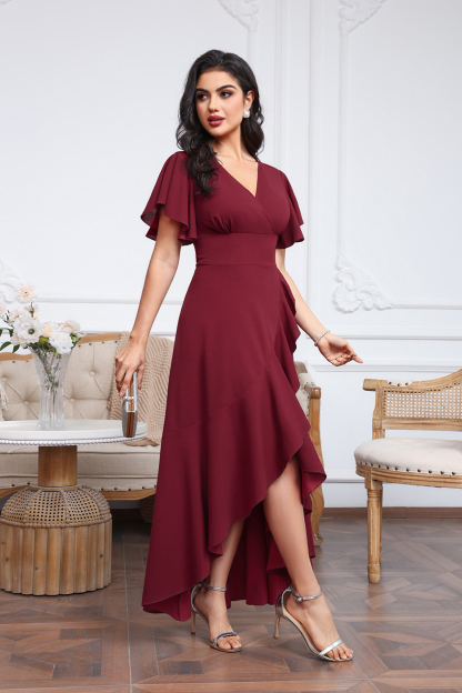 High Low A-line V-neck Chiffon Burgundy Wedding Guest Dresses