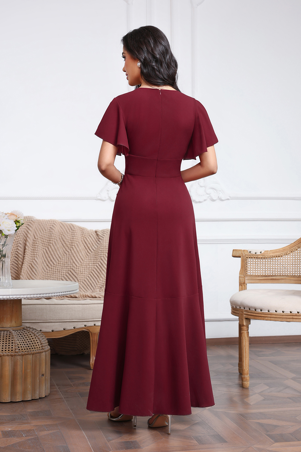 High Low A-line V-neck Chiffon Burgundy Wedding Guest Dresses