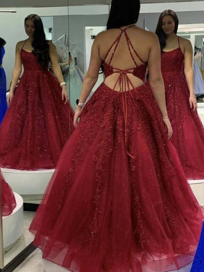 Burgundy Long A-line Tulle Lace Open Back Formal Prom Dress-Yesbabyonline