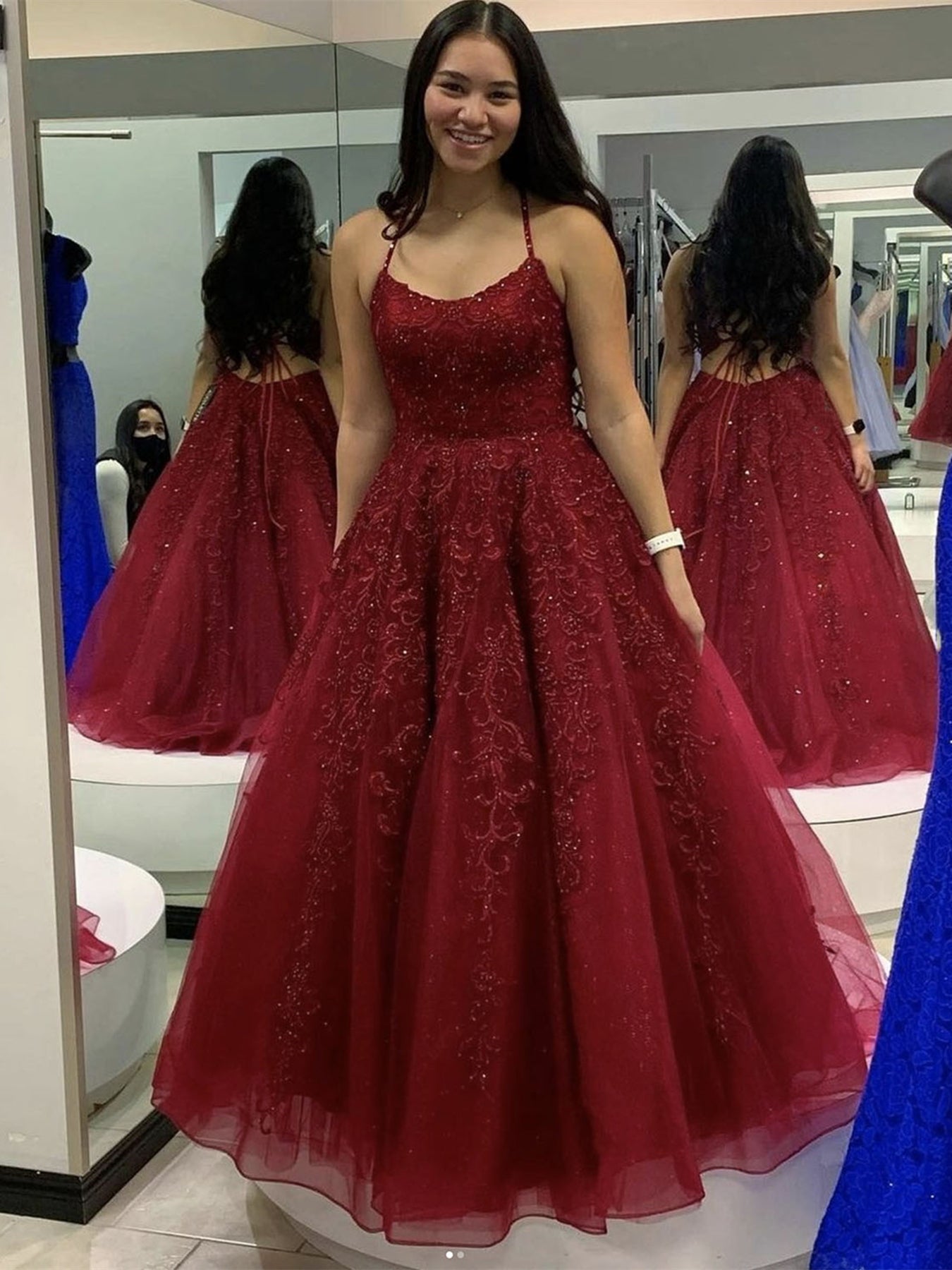 Burgundy Long A-line Tulle Lace Open Back Formal Prom Dress-Yesbabyonline